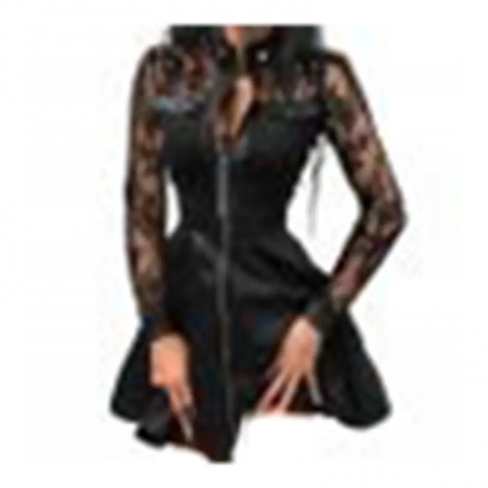 

Fashion Women Lace Long Sleeve Zipper Pocket Large Hem Faux Leather Mini Dress