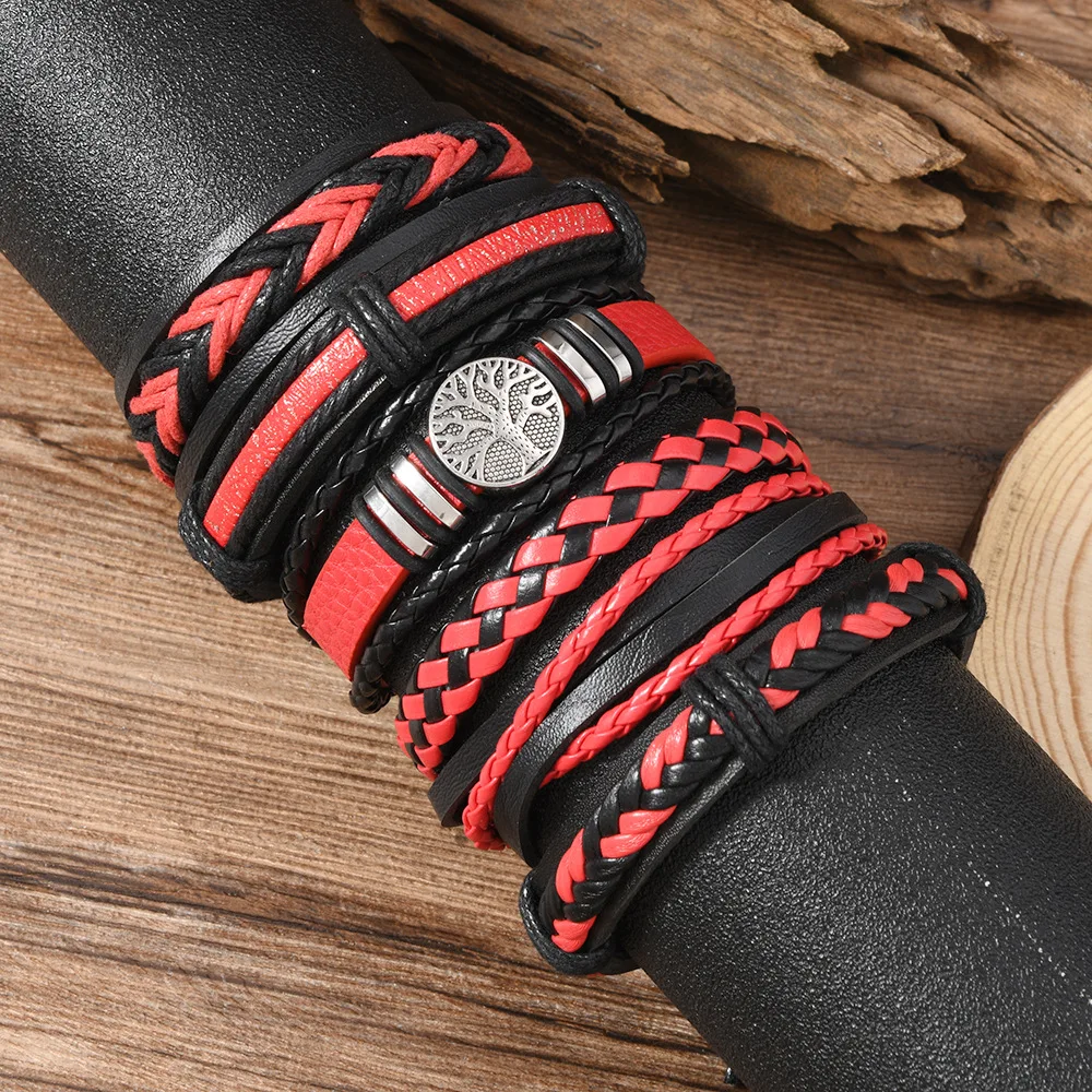 مجموعة أساور عصرية مكونة من ست قطع من شجرة الحياة للرجال مصنوعة يدويًا من الجلد على الطراز القوطي وإكسسوارات الدروع متعددة الطبقات