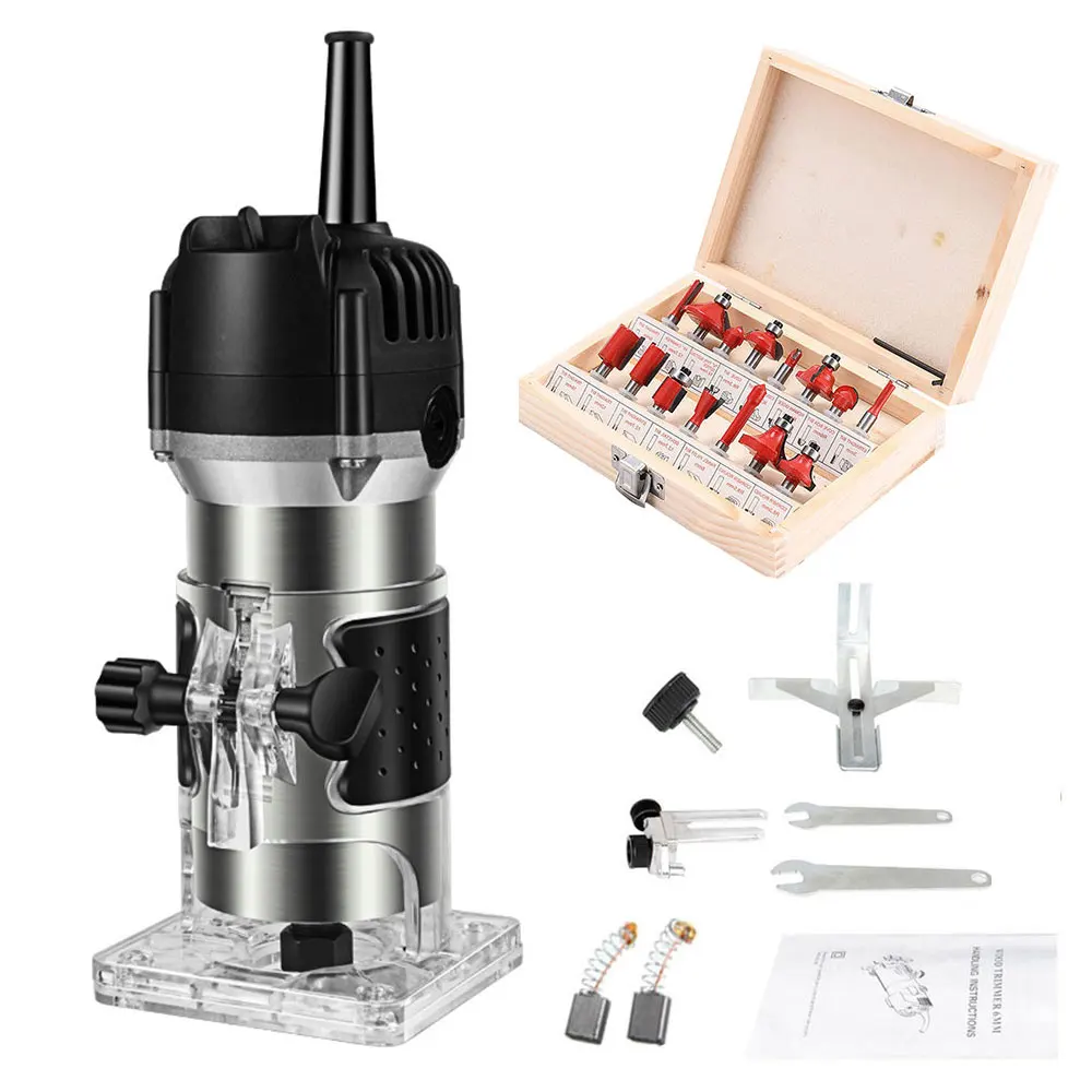 

110V 220V 800w 30000rpm Electric Trimmer Wood Router Woodworking with 15 Pcs 1/4" Route Bits Set Wood Milling Cutter Power Tool