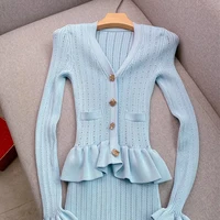 YuooMuoo Brand Fashion One-piece Knitted Maxi Dress Women Elegant V-neck Ruffled Slim Waist Bodycon Sweater Dress Party Vestido - Image 4