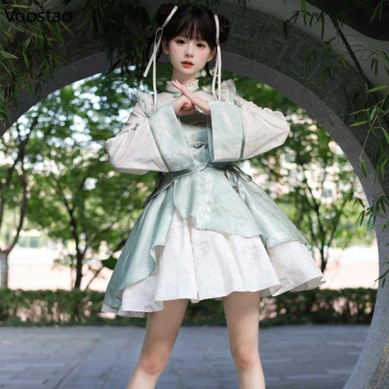 Chinese Style Vintage Lolita Princess Dress Women Elegant Gothic Bamboo Leaf Print Cheongsam Mini Dresses Sweet Y2k Vestidos