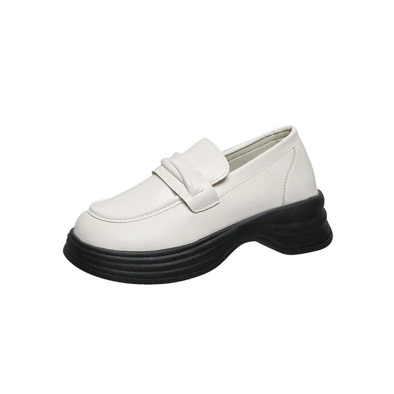 Retro black thick soled small leather shoes for women in autumn French style thick heels and round toe white loafers 6