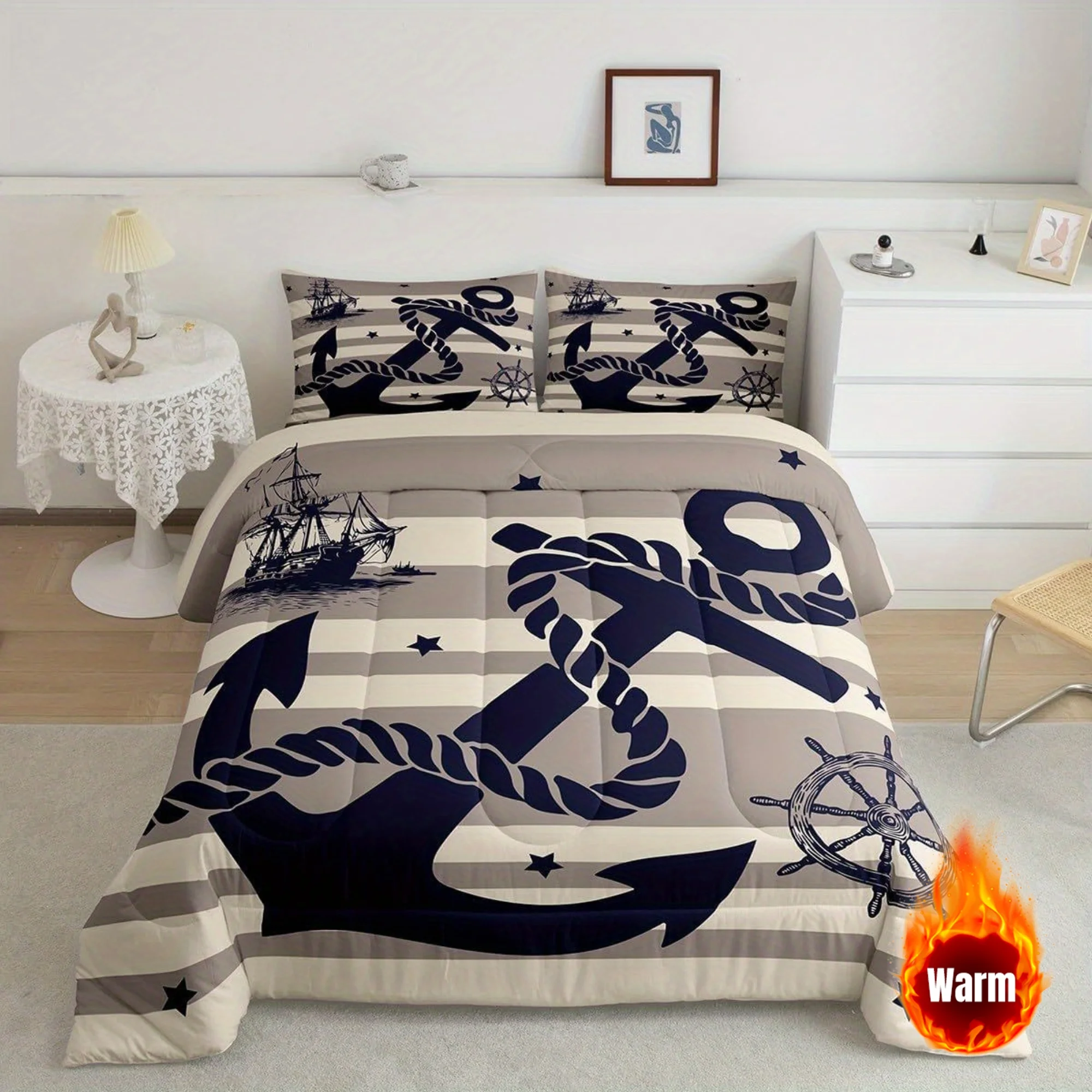 2/3Pcs Nautical Anchor Sailboat Comforter Set, Grey Yellow Ocean Theme Bedding with Pillowcases, All Season Soft Warm Room Decor