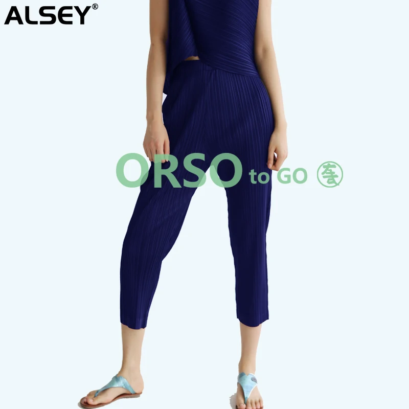 

ALSEY Miyake Summer New Women's Eight-point Pencil Pants Plus Size High Elasticity Leggings Slim Fit Leggings Casual Pants