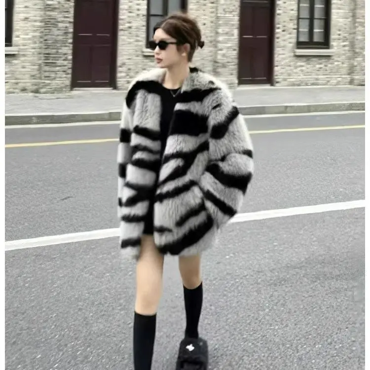 

Autumn Winter New Women Fake Fur Coat Zebra Pattern Retro Lazy Casual Coat
