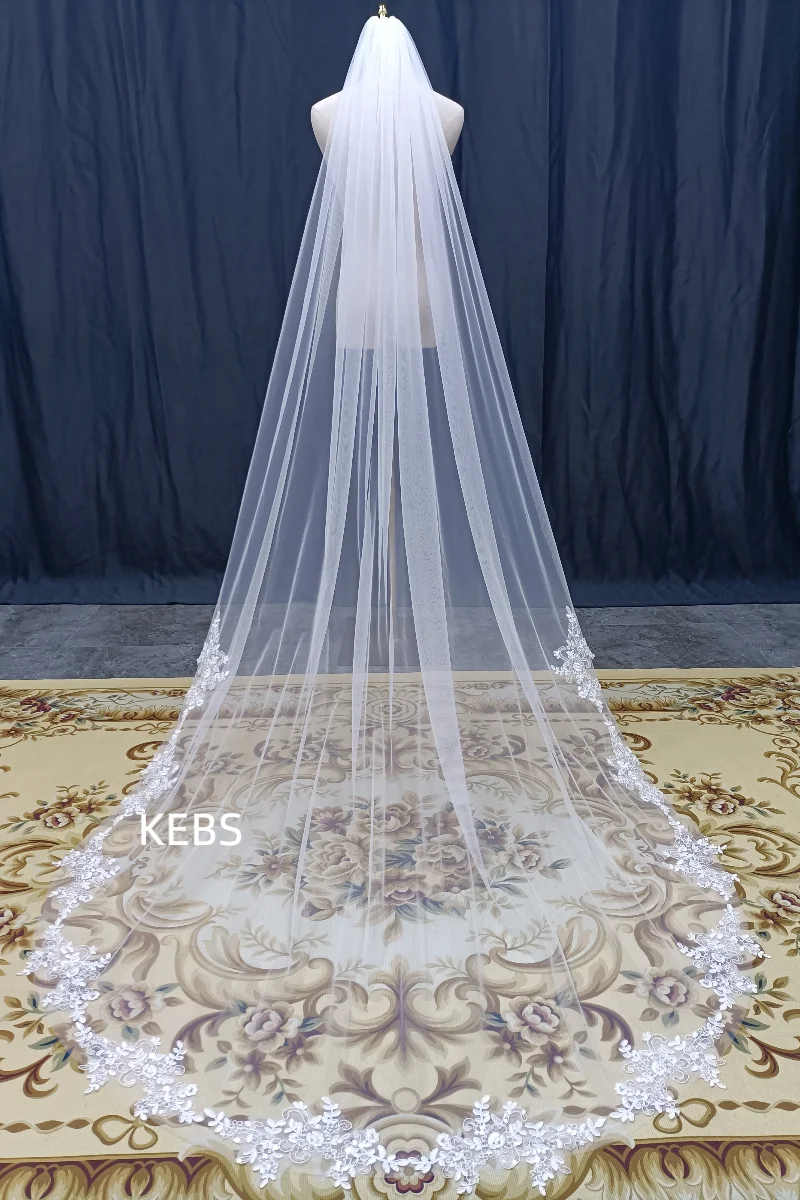 White/Ivory Chapel Bridal Veil Luxury Women's Sequin Lace Veil Wedding Accessories with Comb