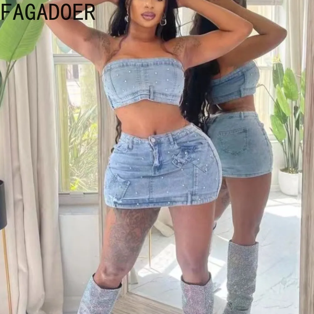 FAGADOER Fashion Pearls Diamond Y2K Denim Two Piece Sets Women Off Shoulder Sleeveless Backless Tube+Mini Skirts Cowboy Outfits