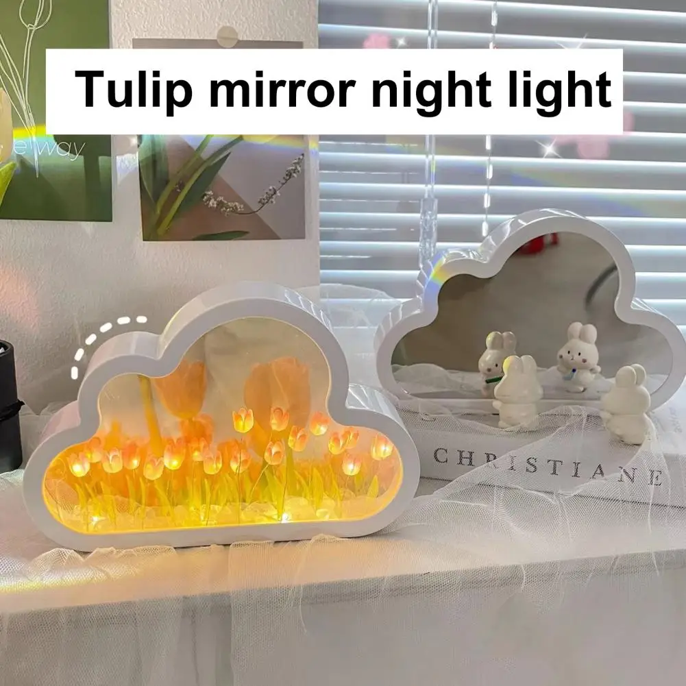 

DIY Tulip Night Light Soft Lighting Flicker Free Battery-operated Simulation Flower Cloud Tulip Mirror Table Lamp Decoration
