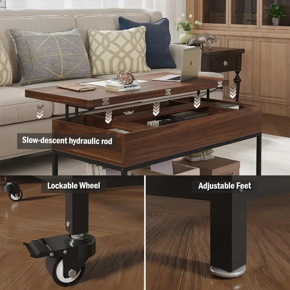 Lift Top Coffee Table, 3in1 Folding Rolling Coffee Table with Storage Drawer Push Opening, Metal Frame Wood Table