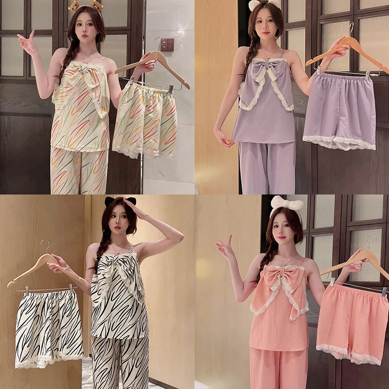 Summer padded suspenders, shorts, pants, three piece pajamas, women's printed foam cotton lace, sexy and sweet new home clothing