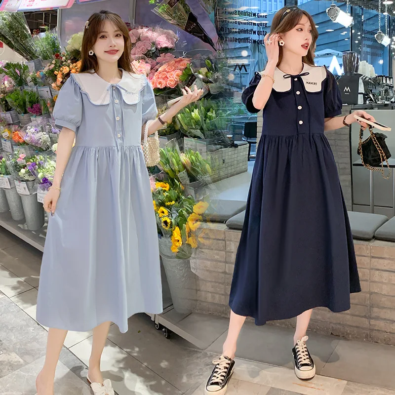 

2024 Summer Maternity Cotton Dress Preppy Style Short Sleeve Bowknot Sailor Collar Pregnant Woman A-Line Dress Pregnancy Clothes