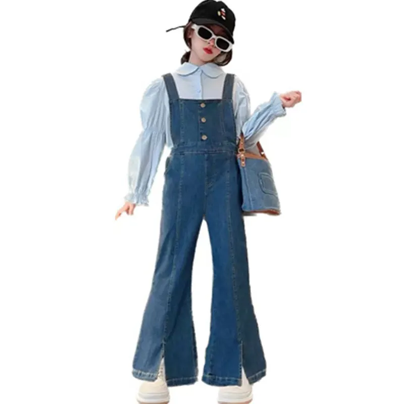 

Teenage Girls clothes set Blue Blouses+Overalls Fashion Kid Flare Pants with Split 2 Piece Cotton Casual Clothing Suits 10 12 14