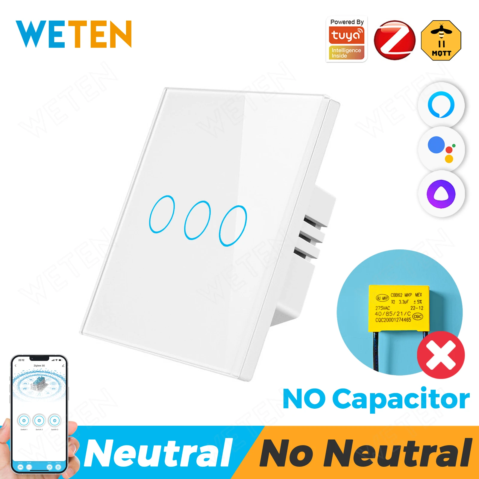 TuyaZigbeeSmartWallTouchLightSwitchNoNeutralNoCapacitor