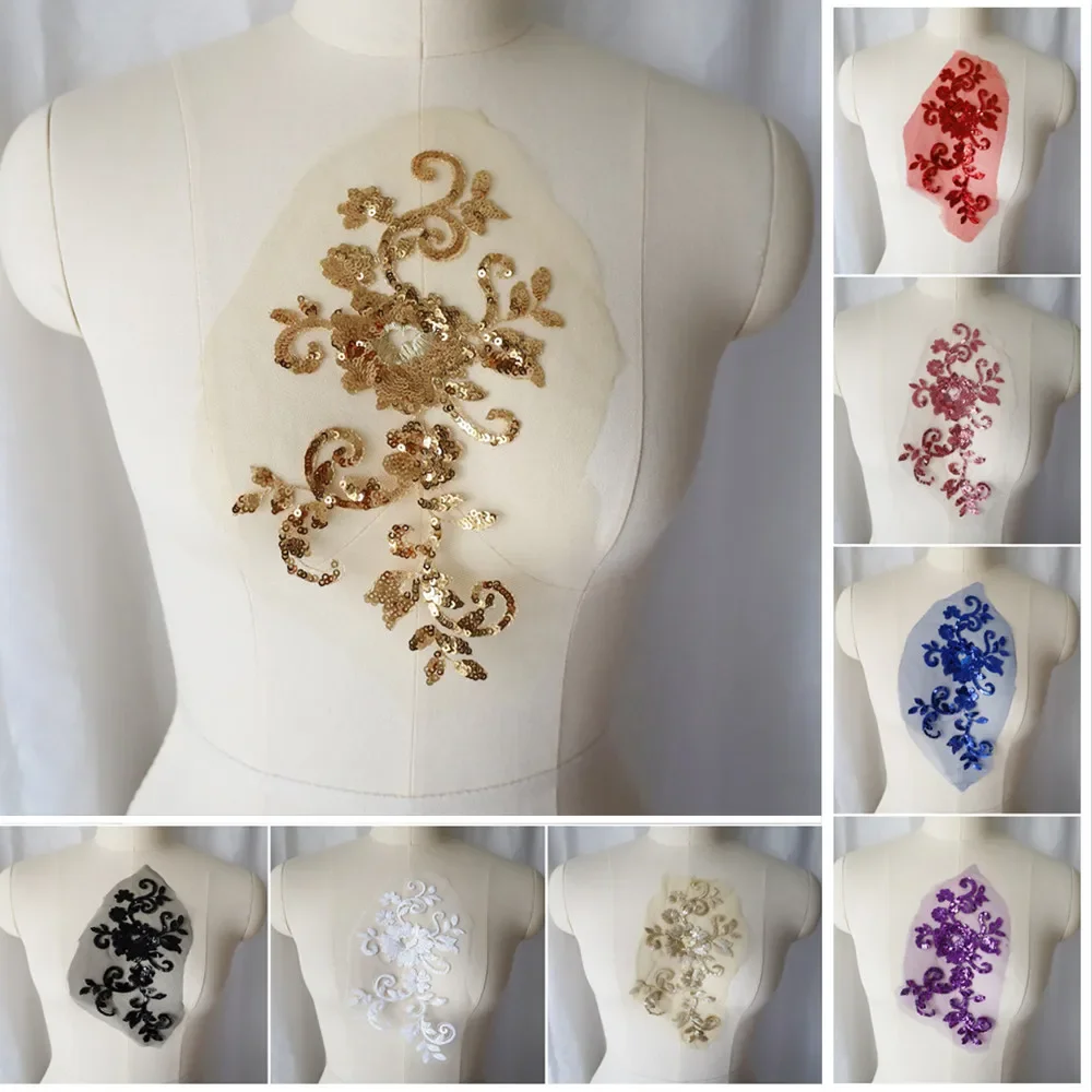 

Embroidery Sequin Flower Applique Sewing Patch Lace Trim Mesh Fabric Collar For Wedding Bridal Gown Party Dress Decor DIY Crafts