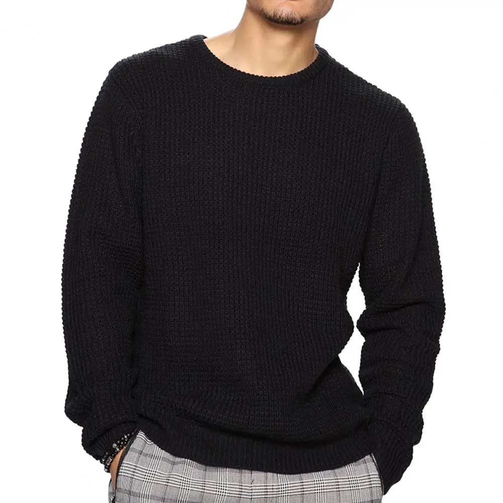 

Fall Winter Men Sweater Knitted Solid Color O Neck Long Sleeves Loose Knitted Waffled Texture Mid Length Men Sweater Pullover