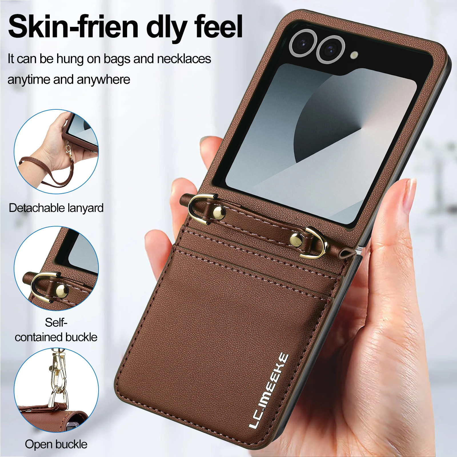 Elegant Leather Phone Case with Card Holder & Wrist Strap - Crossbody Lanyard Design