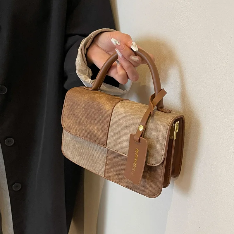 Women Handbag Crossbody Bag PU Leather Color Blocking Design Denim Surface Fashion Ladies Top-Handle Commuter Tote Girl Purses