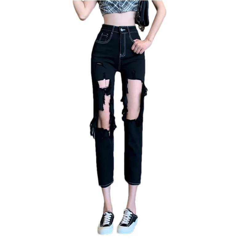 홀 할로우 아웃 데님 와이드 레그 팬스트 여성용, 하이웨스트 미니멀리스트 지퍼 루즈핏 청바지, 새로운 패션