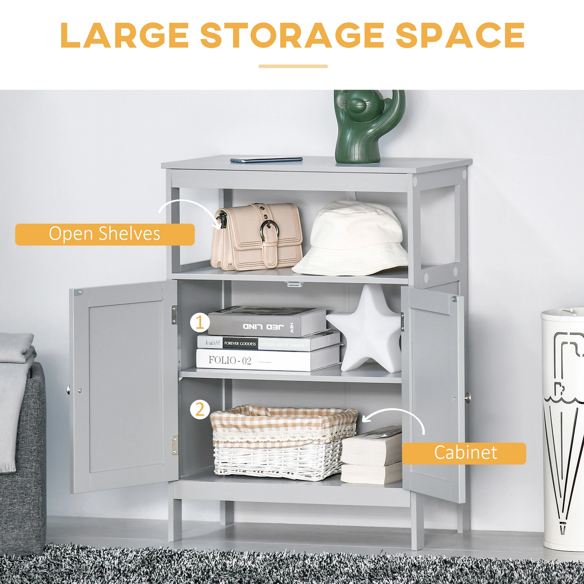 Kleankin Freestanding Modern Bathroom Storage Cabinet, with Doors and Open Shelf, Bathroom Organizer Furniture, Grey 4