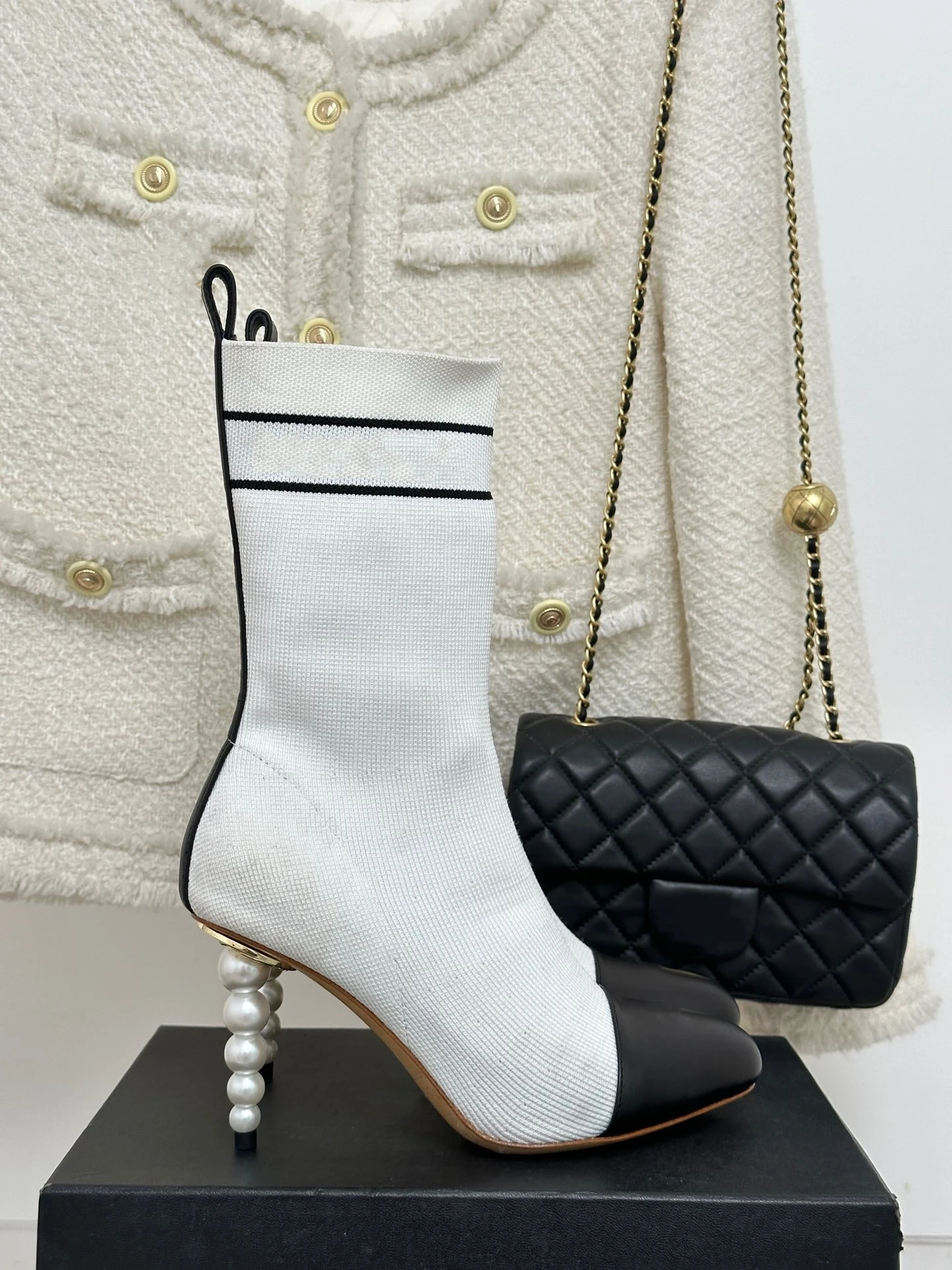 

Beaded Pearl Stiletto Socks Boots Brand Embroidered Elastic Boots Knit Lettered Leather Heels Autumn Luxury Women's Ankle Boots