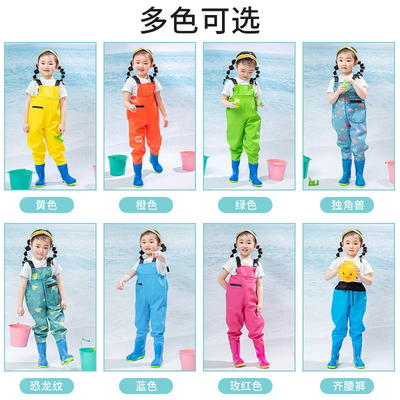 Fishing Chest Waders with Boots for Kids Outdoor Activities Girls Boys PVC  Rain Pants+Waterproof Bootfoot, Max Foot 22cm(8.65in)