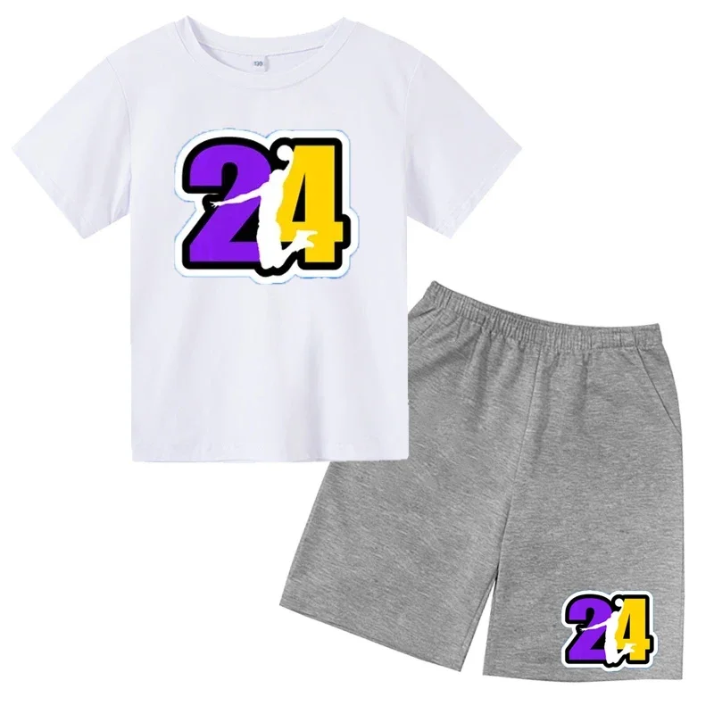 thumbnail image 1 of Conjunto de camiseta de cuello redondo de algodón para niños de verano con 24 mangas cortas y pantalones cortos casuales estampados para niños y niñas de 2 a 12 años, 1 of 4