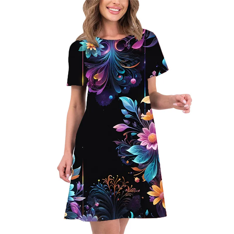 

Модное женское платье с цветочным принтом, Новинка лета 2024, мини-платье с коротким рукавом и круглым вырезом, уличная одежда, свободный женский сарафан