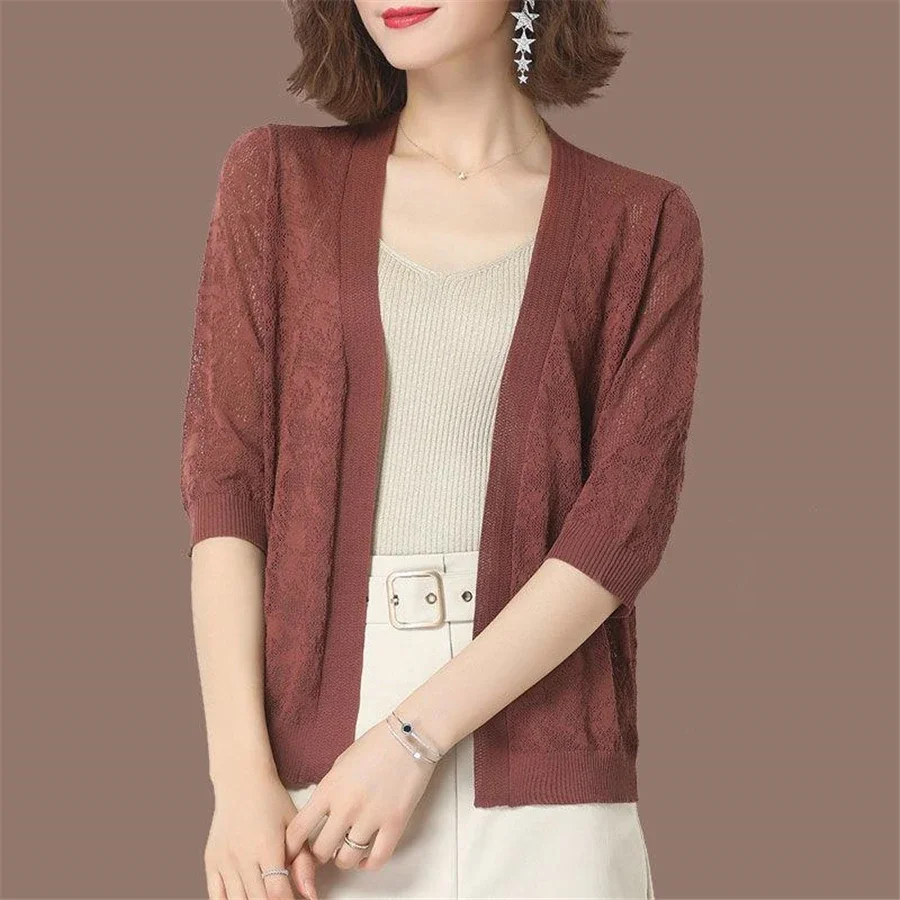 Summer Oversized Knit Cardigan Jackets Half Sleeve Lace Knitwears Coats Korean Elegant Trendy Hollow Out Sunscreen Tops