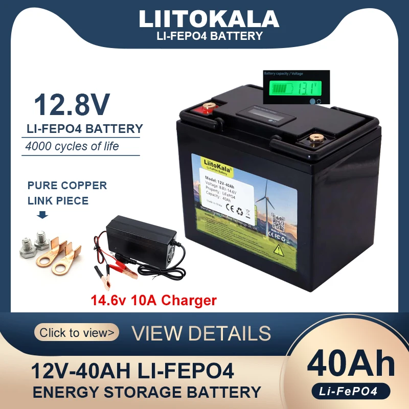 Liitokala 12,8 v 40ah lifepo4 batterie mit bms lithium eisen phosphat batterien  12v auto zündung wechsel richter solar 14,6 v 10a ladegerät