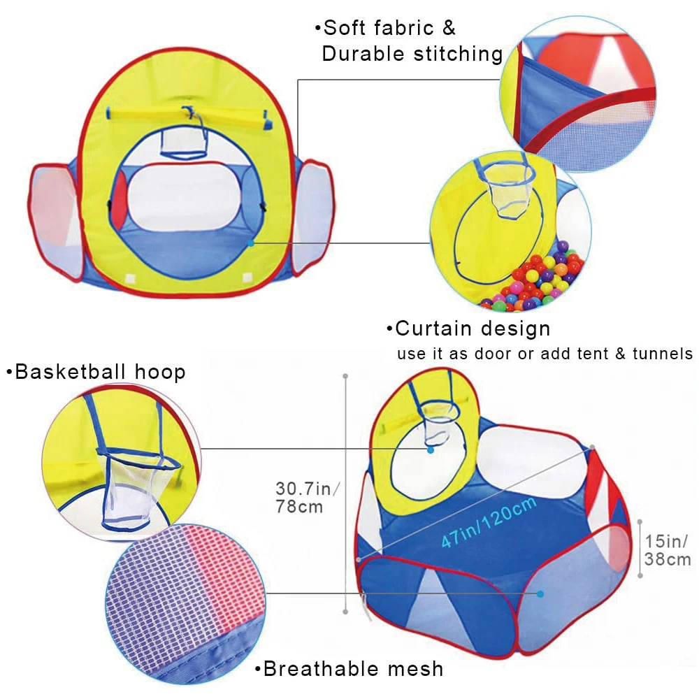 1.2M Portable Baby Ball Pool with Basket Foldable Children's Play Tent Cartoon Ball Pit Pool In/Outdoor Sports Educational Toy 4