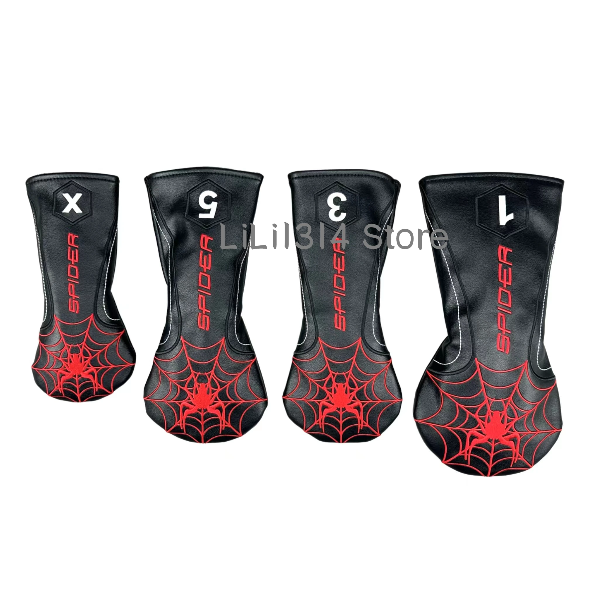 New Pattern White/Red/Black PU Leather with Spider Embroidery Wood Head Cover Golf Club Driver Fairway Wood FW Hybrid Head Cover 3