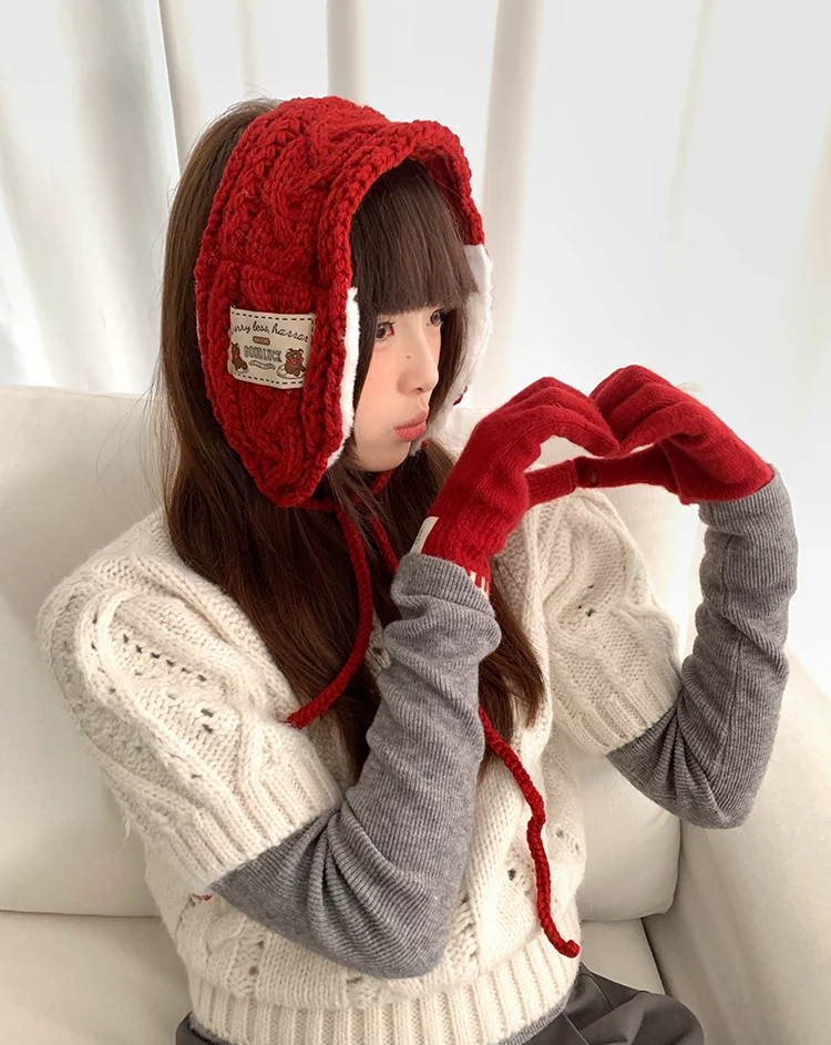 Womens Thickened Red Knitted Plush Earmuffs For Winter Warm Ear Protection Against Cold With Straps