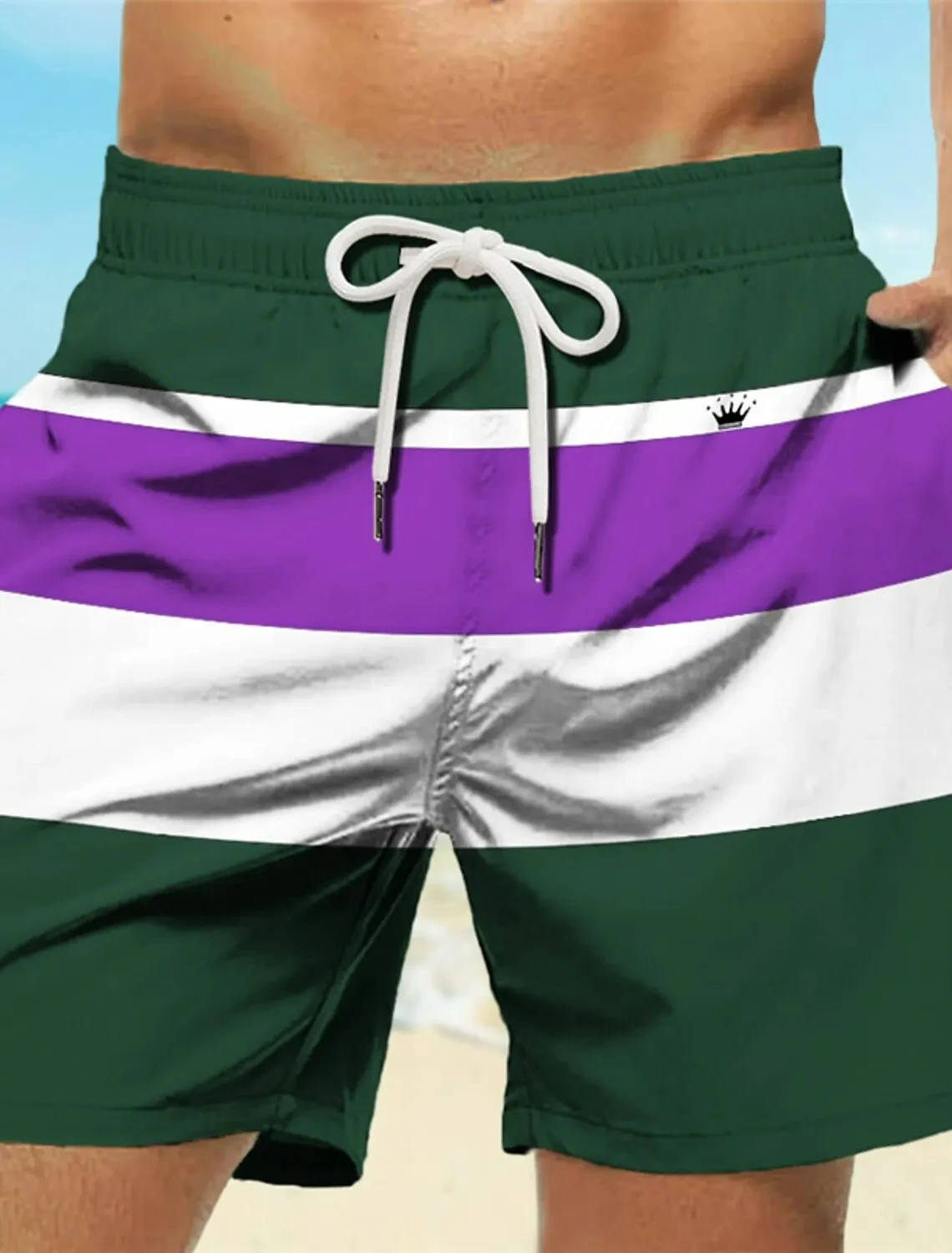 Men's Striped 3D Printed Swim Shorts Crown Logo Design Elastic Waistband Hawaiian Style Beach and Vacation Summer 2024 3