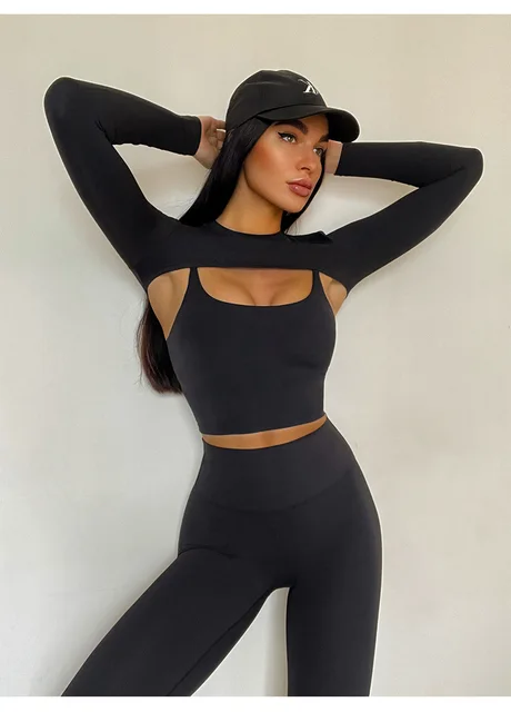 Autumn 4 pieces Yoga Suits Sports Bra Mono Deportivo Mujer Fitness women's  sports leggings Gym Pants Push Up Mallas Workout Top