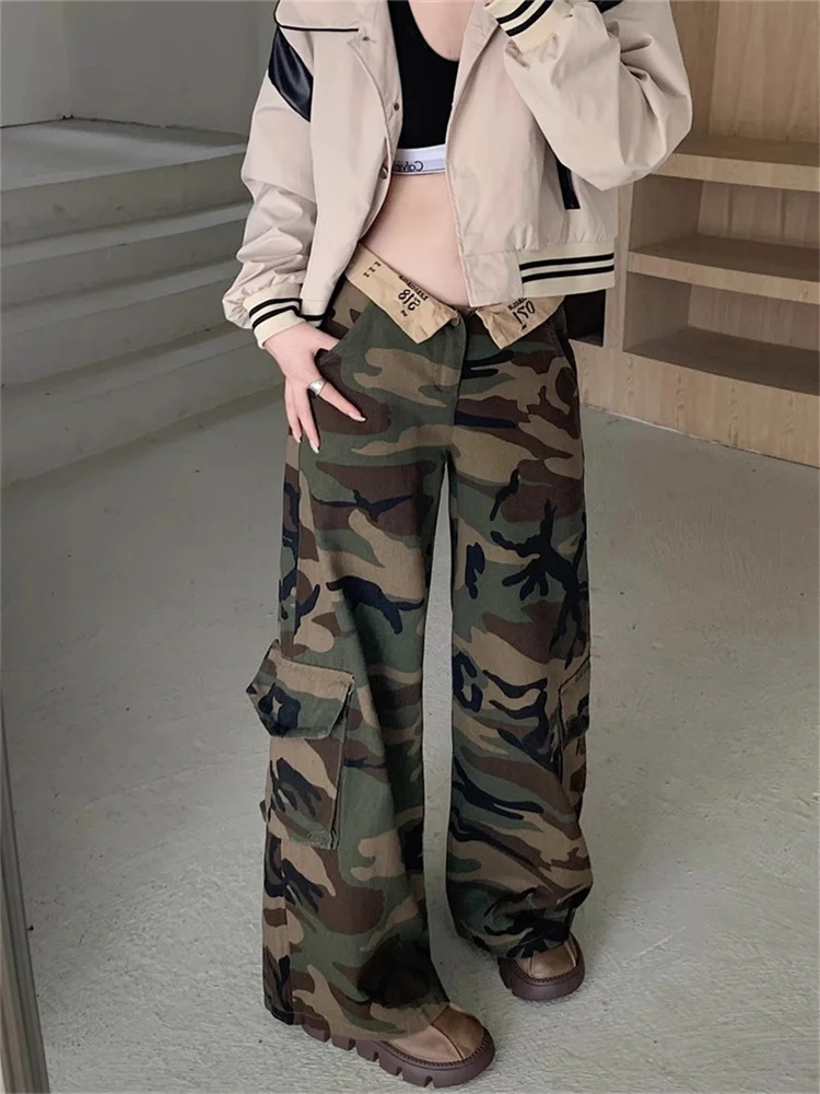 

QWEEK Camouflage Cargo Pants Women Y2K American Retro Low Waist Camo Trousers Oversized 90s Vintage Harajuku Techwear Sweatpants