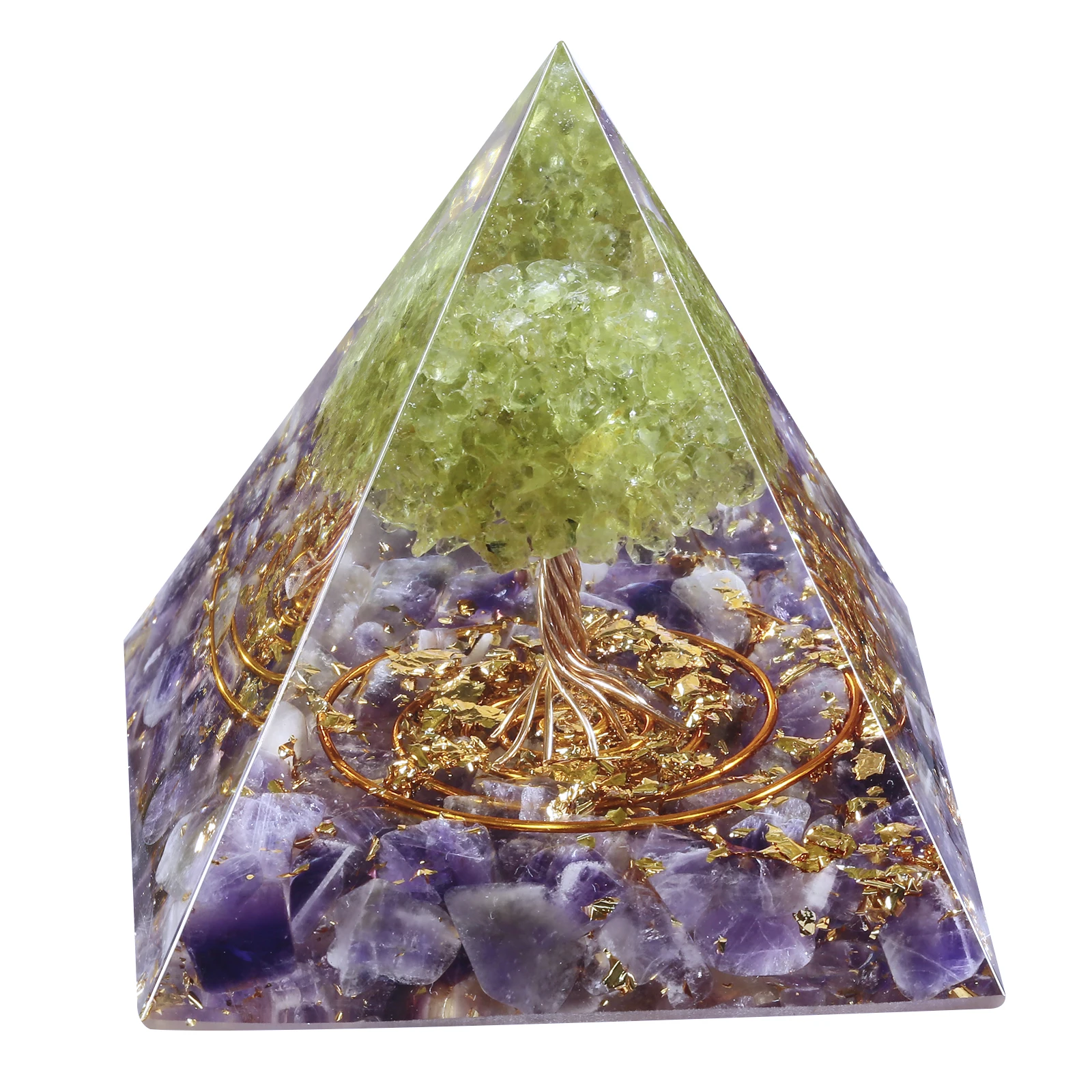 

Natural Peridot Tree Of Life Orgone Pyramide Reiki Healing Orgonite Pyramid Yoga Meditation Tool EMF Protection For Home Decor