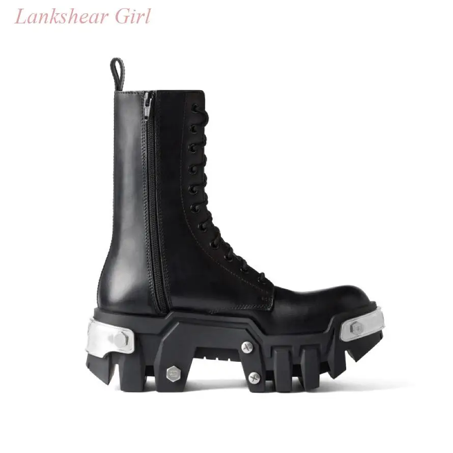

Autumn And Winter New Women and men's Boots Metal Decoration Slip On Fashion Casual High Top Black Thick Soled Ankle Boots