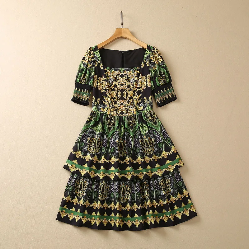 

European and American women's clothes 2023 spring new Square collar Short sleeve vintage Print studded with beads Fashion Dress
