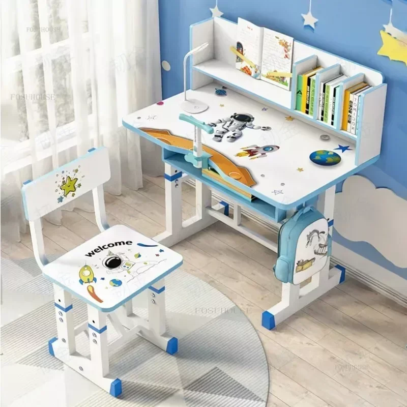Adjustable Children Table Chair Set Height Kids Study Table with Cartoon Desktop School Workstation Functional Writing Desk