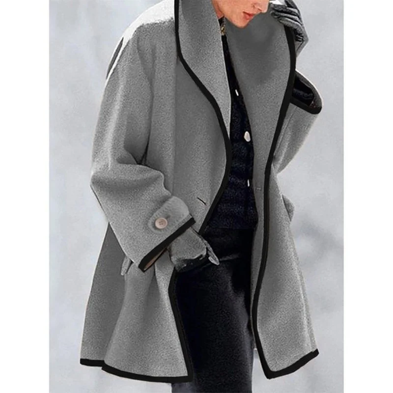 2023 Women's Autumn and Winter New Multicolor Round Neck Loose Woolen Coat One Button Color Matching Long-sleeved Casual Jacket