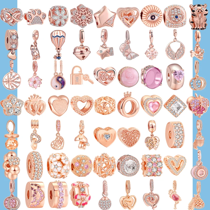 Originale 925 Sterling Silver Rose Gold Infinite Hearts Cherry Blossom Ciondola Perline Scintillanti Fit Pandora Charm Bracciale Gioielli