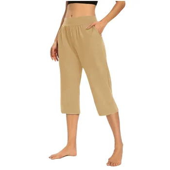 Women'S Cropped Pants Summer Casual Pants With Pockets Elastic Trousers Soft Breathable Trousers Women'S Clothes 4