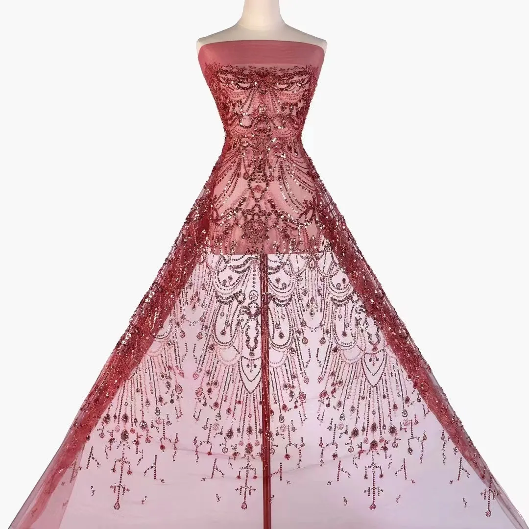 

5 Yards Tulle Net AFrican Lace Fabric Beaded Lace 2023 High Quality Red Nigeria Sequin Fabrics for Wedding Evening Dress On Sale