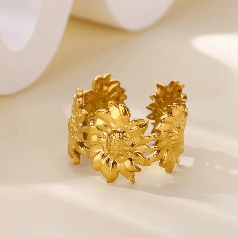 Fashion Sunflower Rings Gold Color Stainless Steel Adjustable