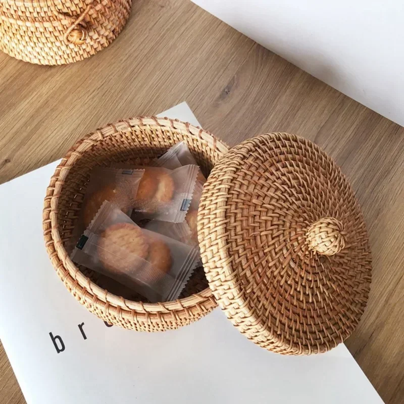Handwoven Rattan Storage Box with Lid Wicker Tea Food Container Picnic Bread Fruit Cake Basket Kitchen Organizer B 2