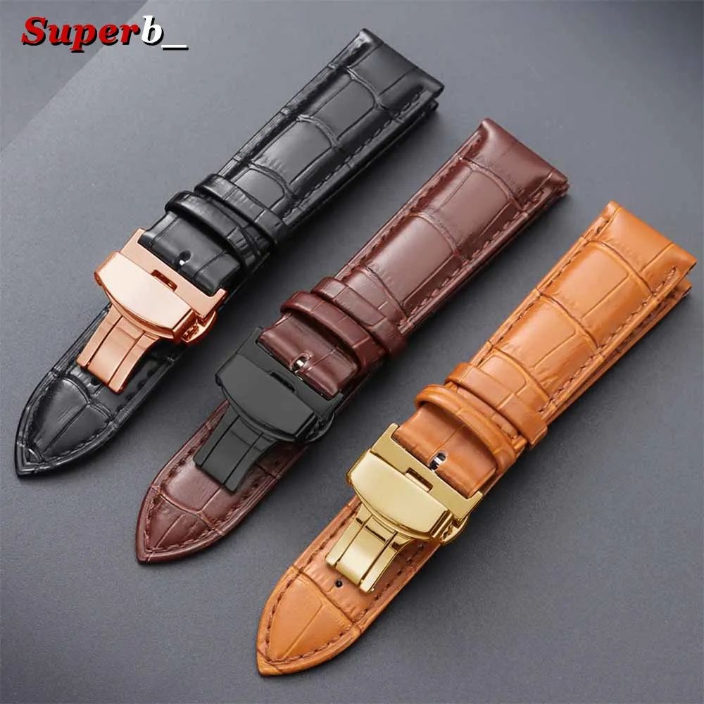 Elegant Genuine Leather Butterfly Clasp Watch Band with Premium Wooden Box
