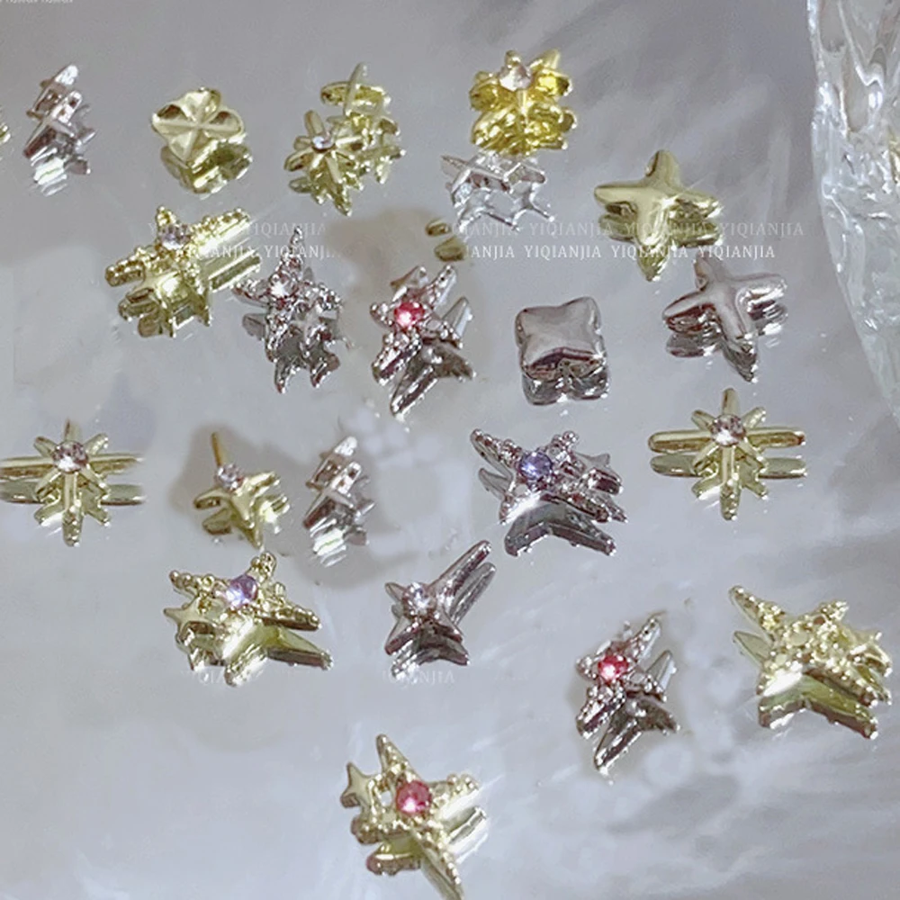 10Pcs 다이아몬드 별 네일 아트 매력 보석 크리스탈과 3D 골드/실버 크로스 스타 네일 장식 럭셔리 DIY 매니큐어 액세서리