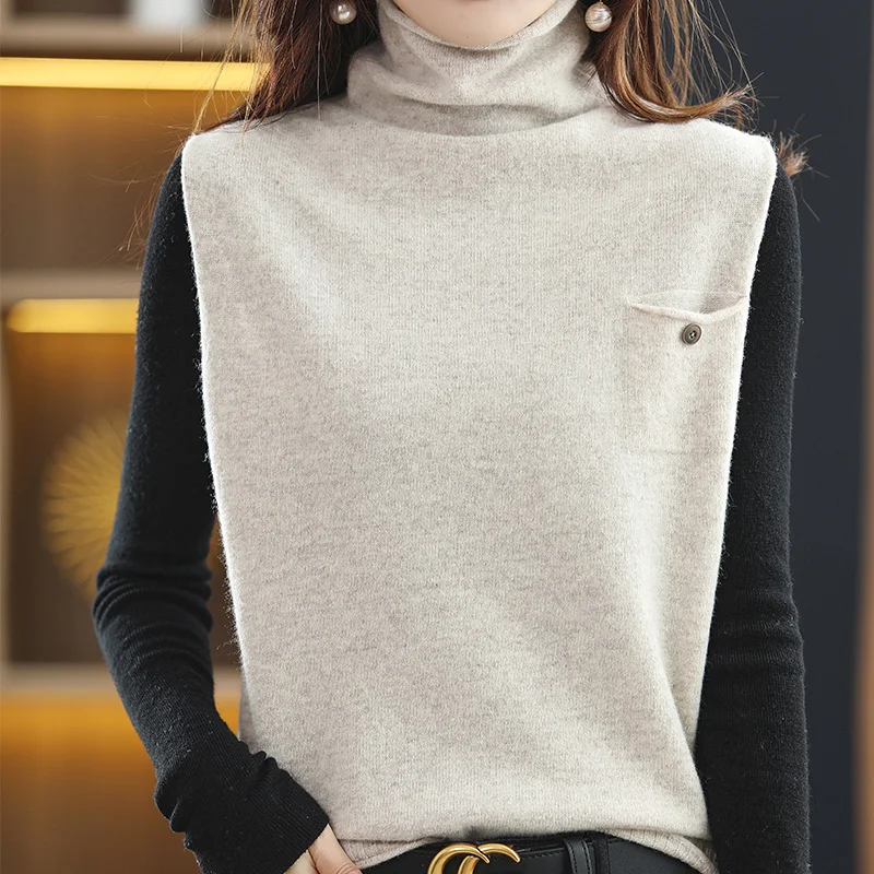 

Spring Autumn Women's 100% Wool Knitted Vest Turtleneck Solid Loose Sweater Waistcoat Female Casual Pullover Sleeveless Tops