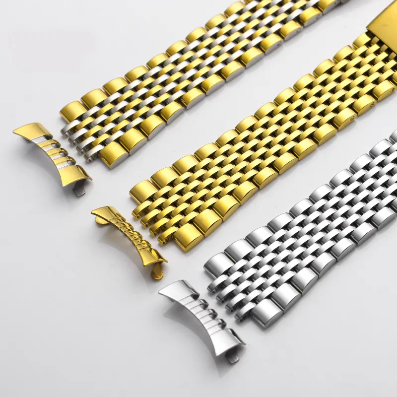 Curved End Solid Stainless Steel Watch Band - Vintage Retro Link Beads Bracelet Strap