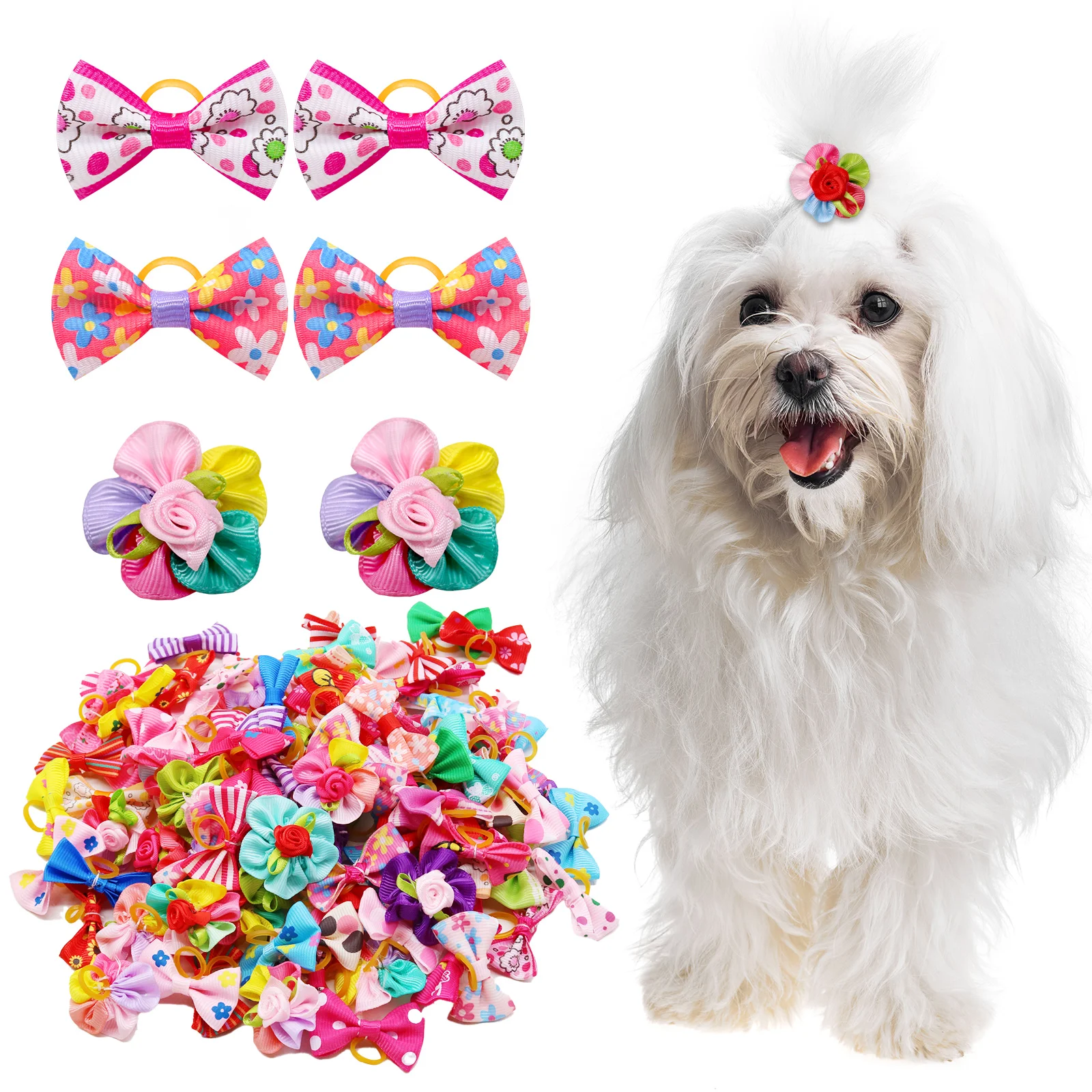 100PCS Pet Bowknots For Dogs and Cats Handmade Dog Bows With Rubber Bands Removable Dog Grooming Accessories Pet Supplies 4
